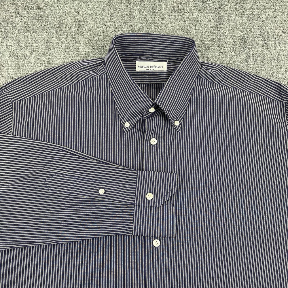 Mariano Rubinacci Italian Luxury Handmade Blue Stripe Button Dress Shirt 2XL